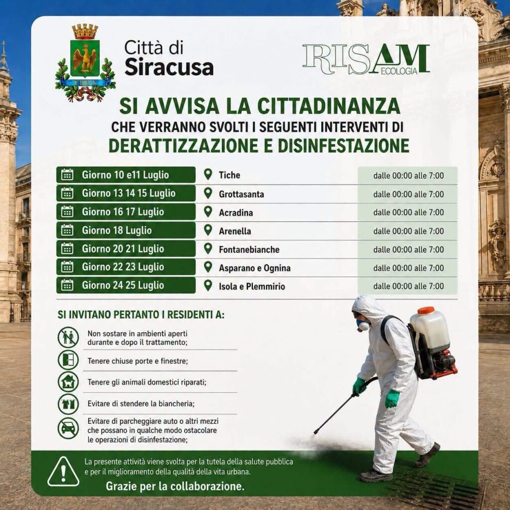 Calendario della disinfestazione nelle zone balneari di Siracusa a luglio 2026