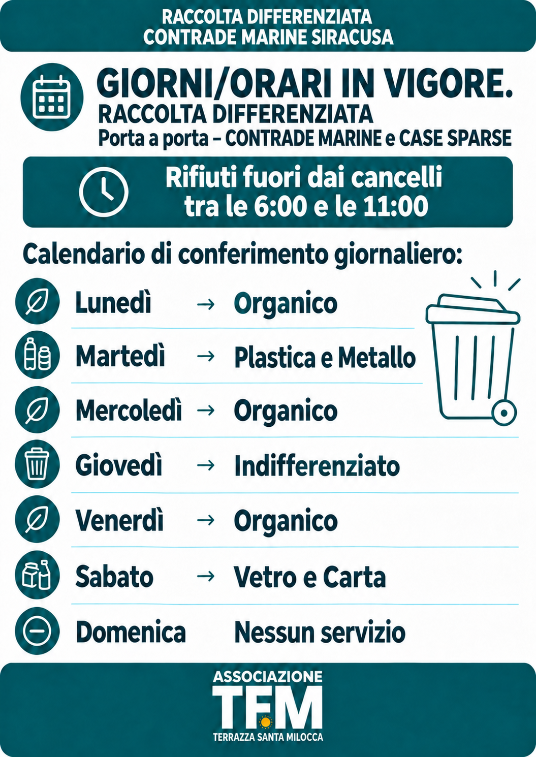 Locandina calendario raccolta differenziata porta a porta Contrade Marine e Case Sparse Siracusa: lunedì organico, martedì plastica e metallo, mercoledì organico, giovedì indifferenziato, venerdì organico, sabato vetro e carta, domenica nessun servizio